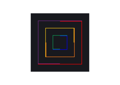 Three concentric squares constructed with broken lines in the colors of the rainbow on a black background
