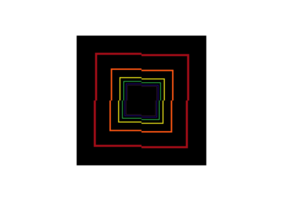 Four concentric squares constructed with broken lines in the colors of the rainbow on a black background