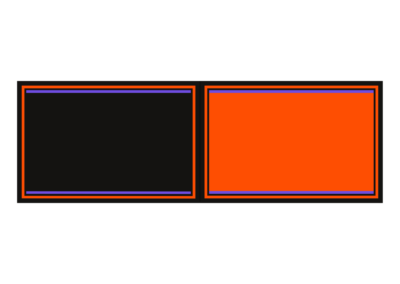 Dyptich in the spirit of minimalistic artwork with blue lines against black and orange backgrounds for a contemporary aesthetic.